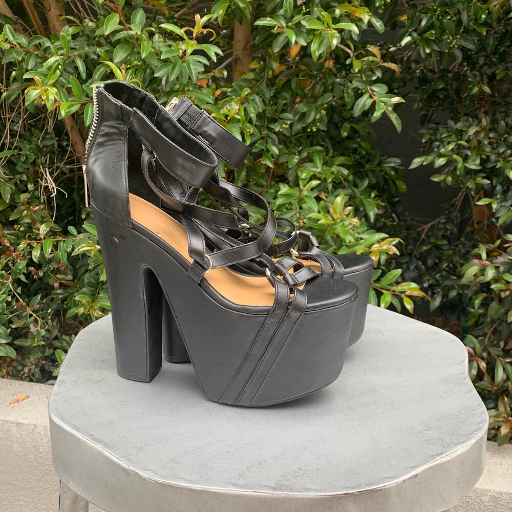 Current Mood Strappy Platform Black Pleather Heel… - image 2